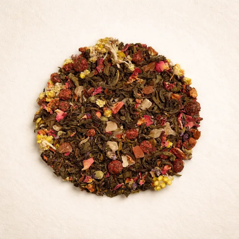 White Garden White Garden — Mao Feng white tea, candied pineapple, papaya, mango, flavoring, red currant, rose petals, strawberry pieces, jasmine flowers, mallow, immortelle flowers.. Buy tea at Dear Robert, Tbilisi